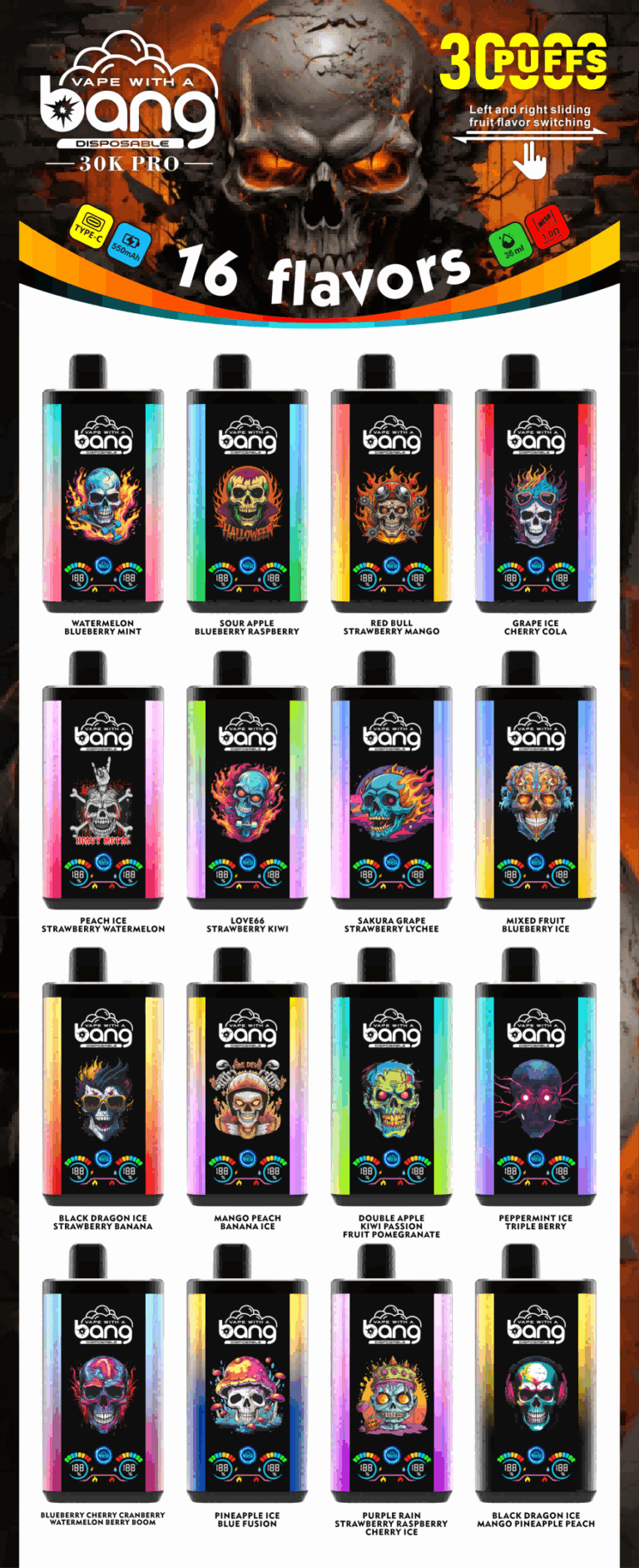 Bang 30000 Puffs - Dual Flavors - Display Screen - Disposable Vape specifications
