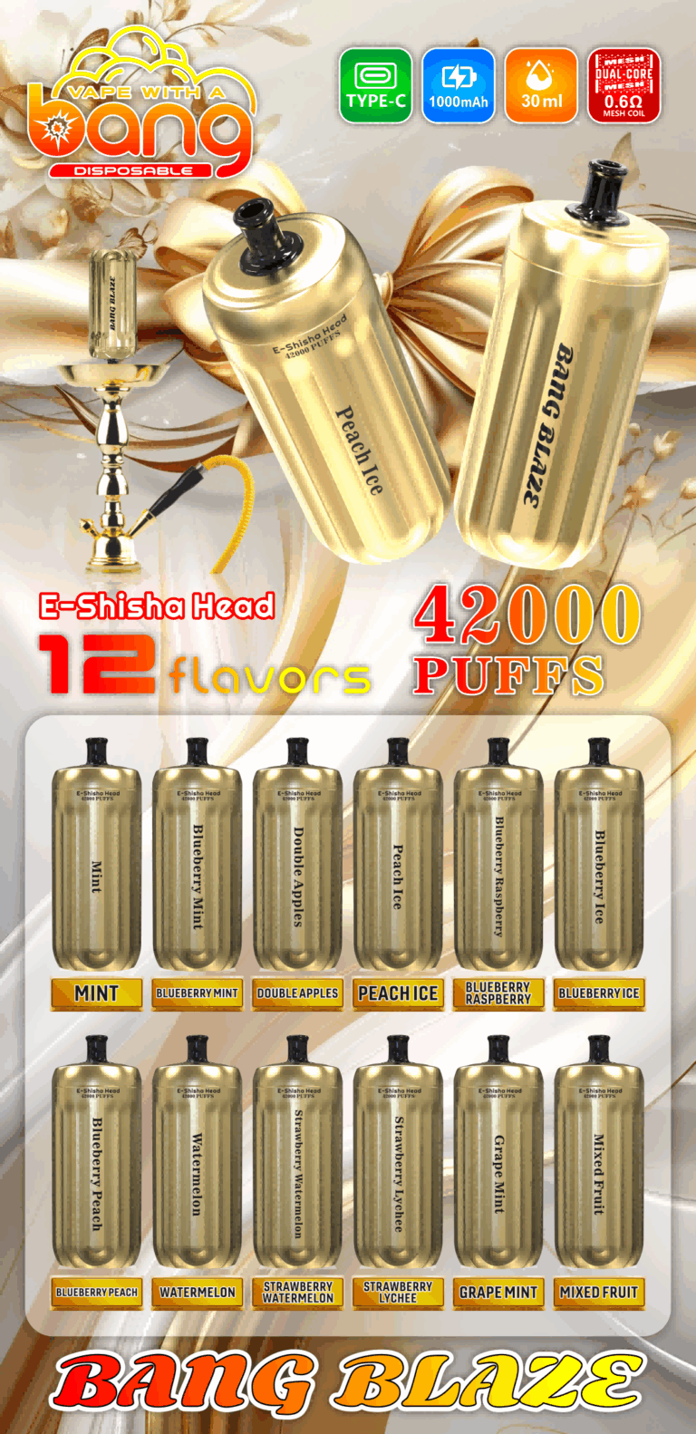 Bang Blaze 42000 Puffs - Gold - Shisha / Hookah - Disposable Vape flavors