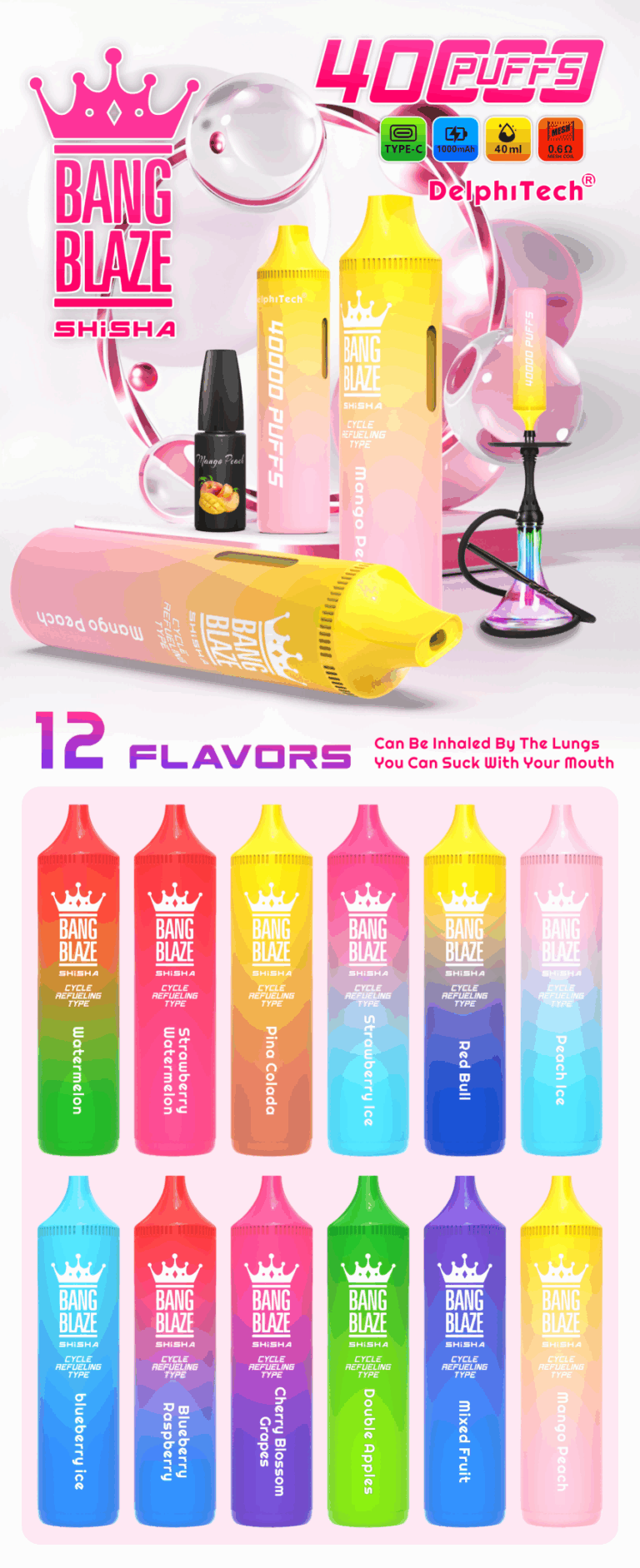 Bang Blaze 40000 Puffs Shisha/Hookah - Refillable Vape flavors