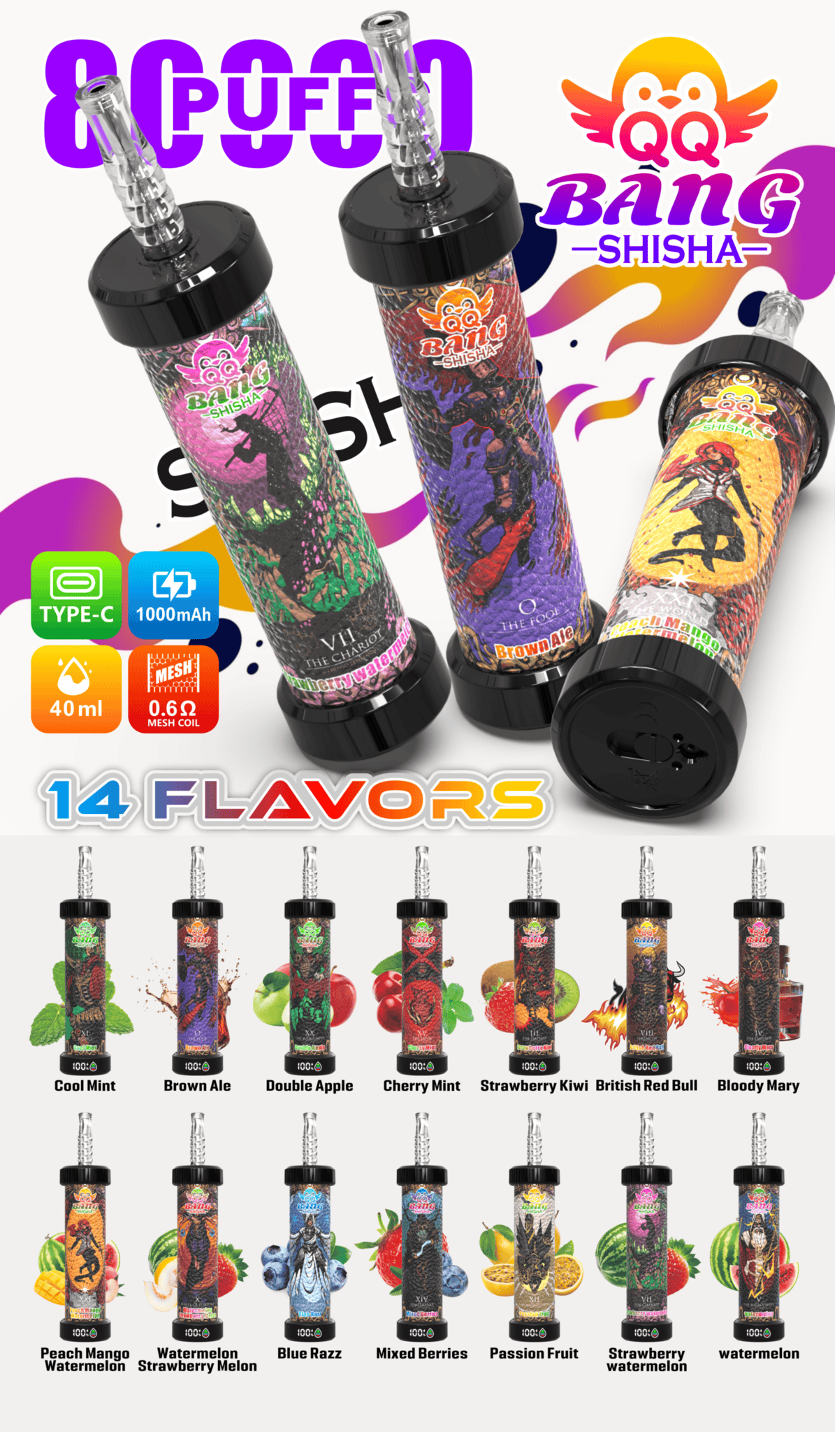 QQ Bang 80000 dual mesh coil DTL shisha hookah disposable vape wholesale