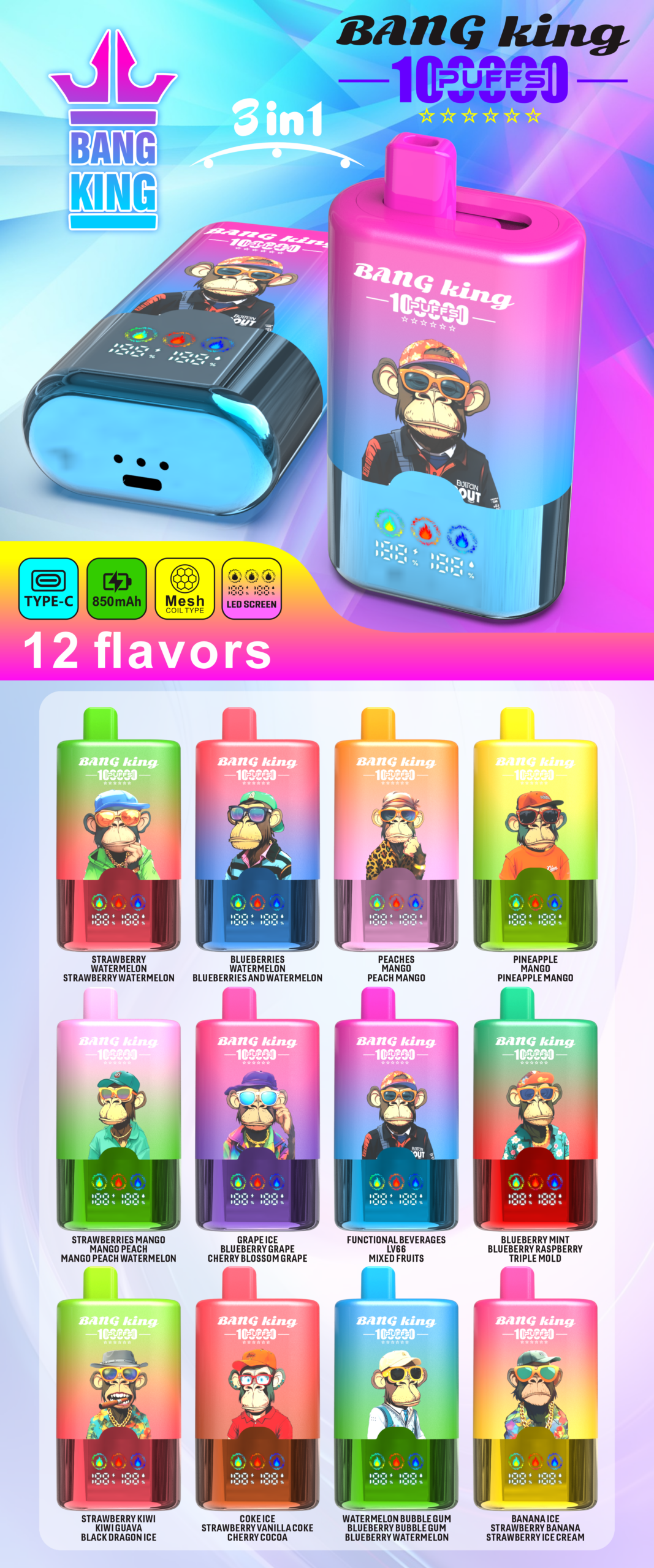 bang king 100k 3 in 1 flaors - poster Bang King 100k Puffs - Switchable 3 Flavors with Screen - Disposable Vape