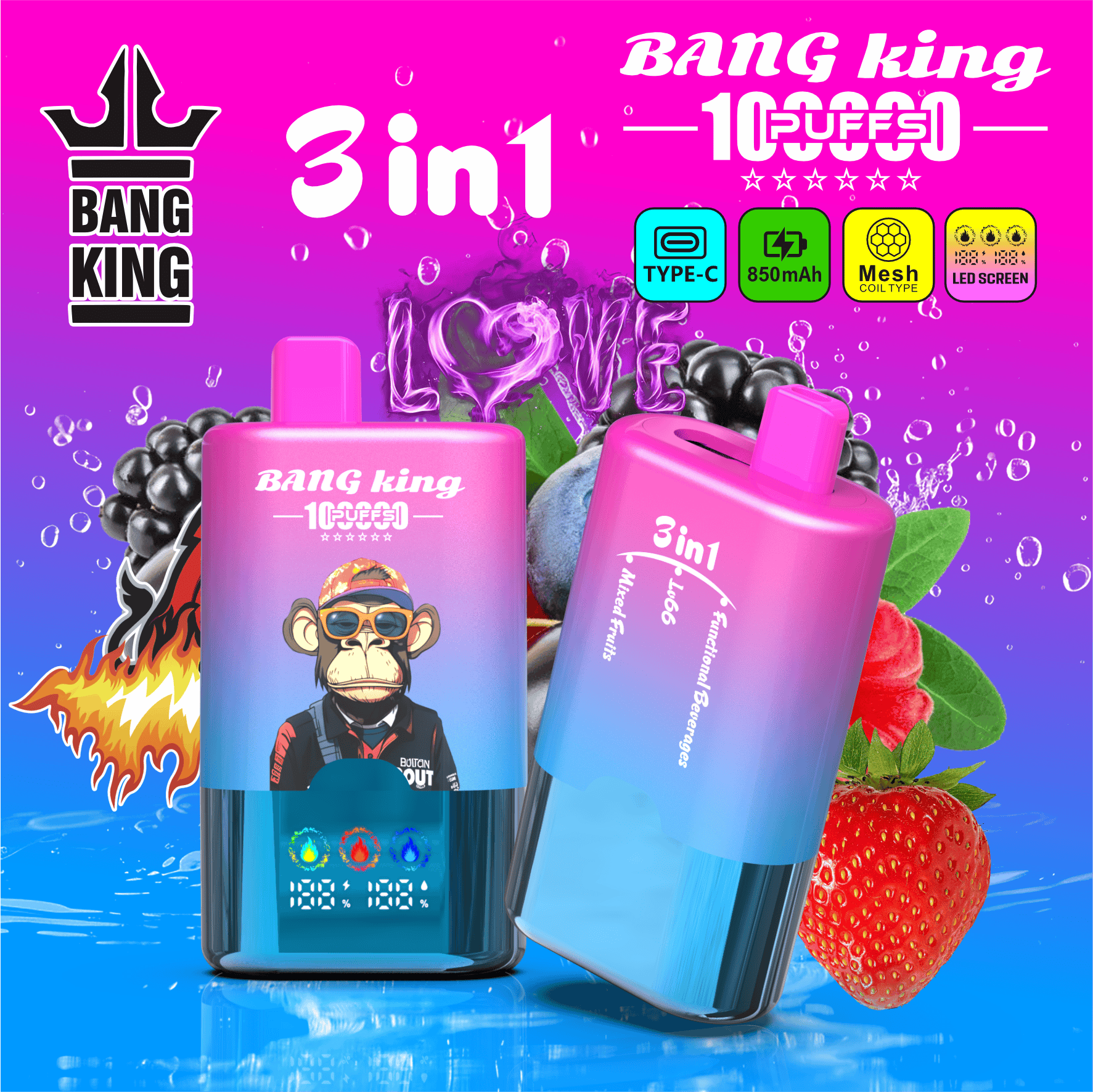 Bang King 100k Puffs - Switchable 3 Flavors with Screen - Disposable Vape