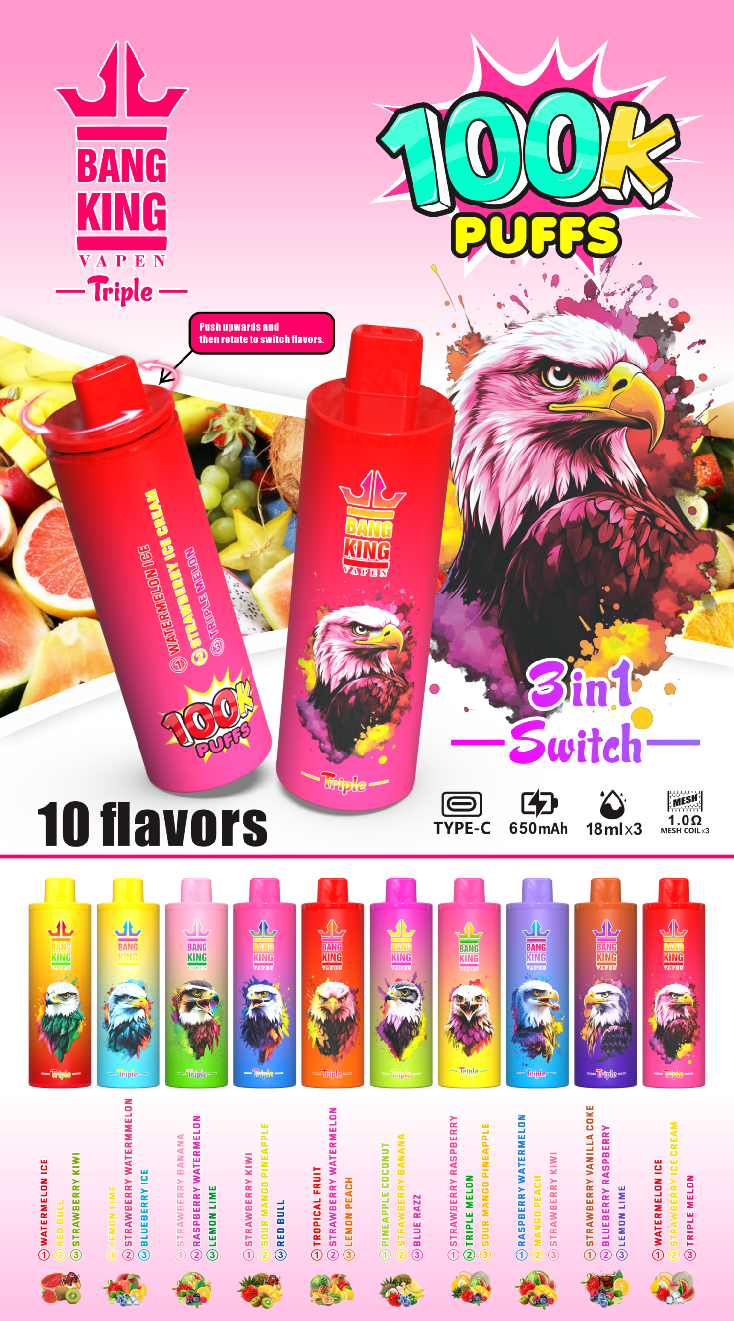 Bang King 100k Puffs - 3 in 1 Flavor - Disposable Vape