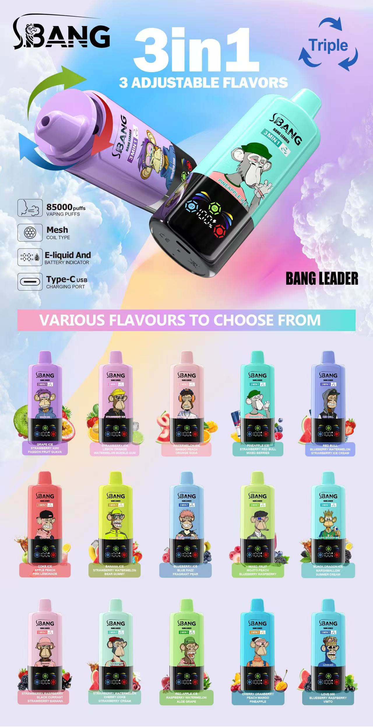 bang leader 85k puffs 3 in 1 - poster Bang Leader 85000 Puffs - 3 in 1 Flavors - Disposable Vape