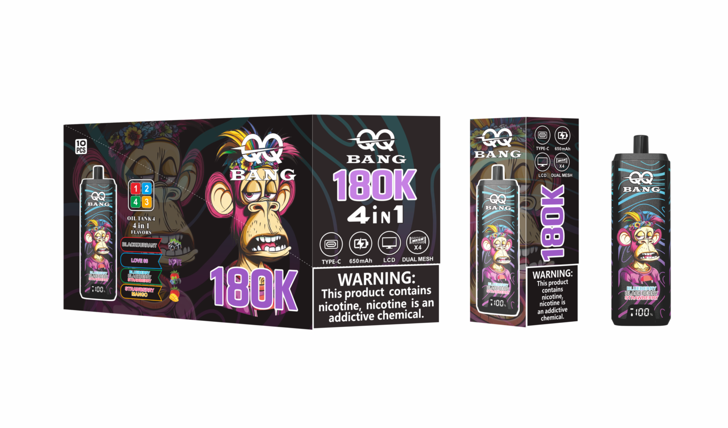 qq bang 180k puffs 4 in 1 - pack QQ Bang 180k Puffs - 4 in 1 Flavors - Disposable Vape