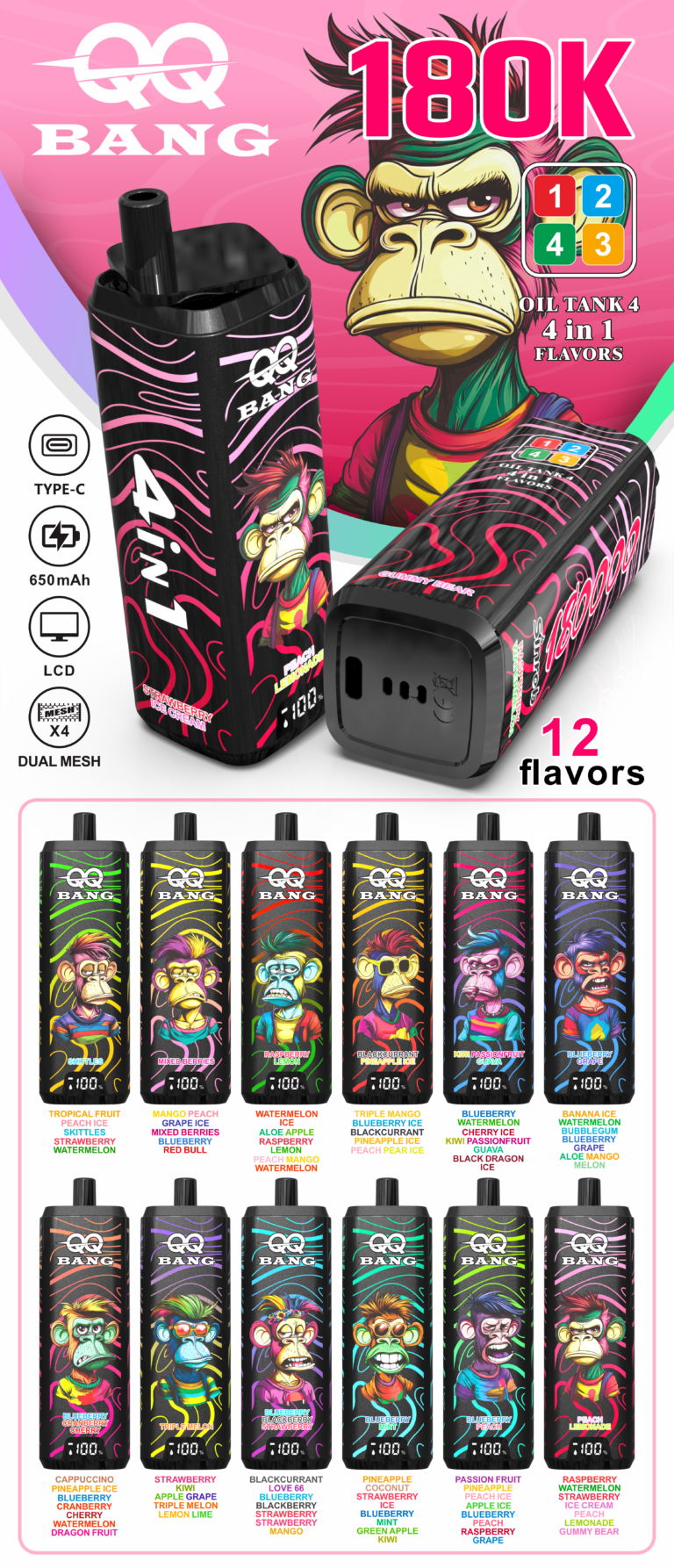 QQ Bang 180k Puffs - 4 in 1 Flavors - Disposable Vape specifications
