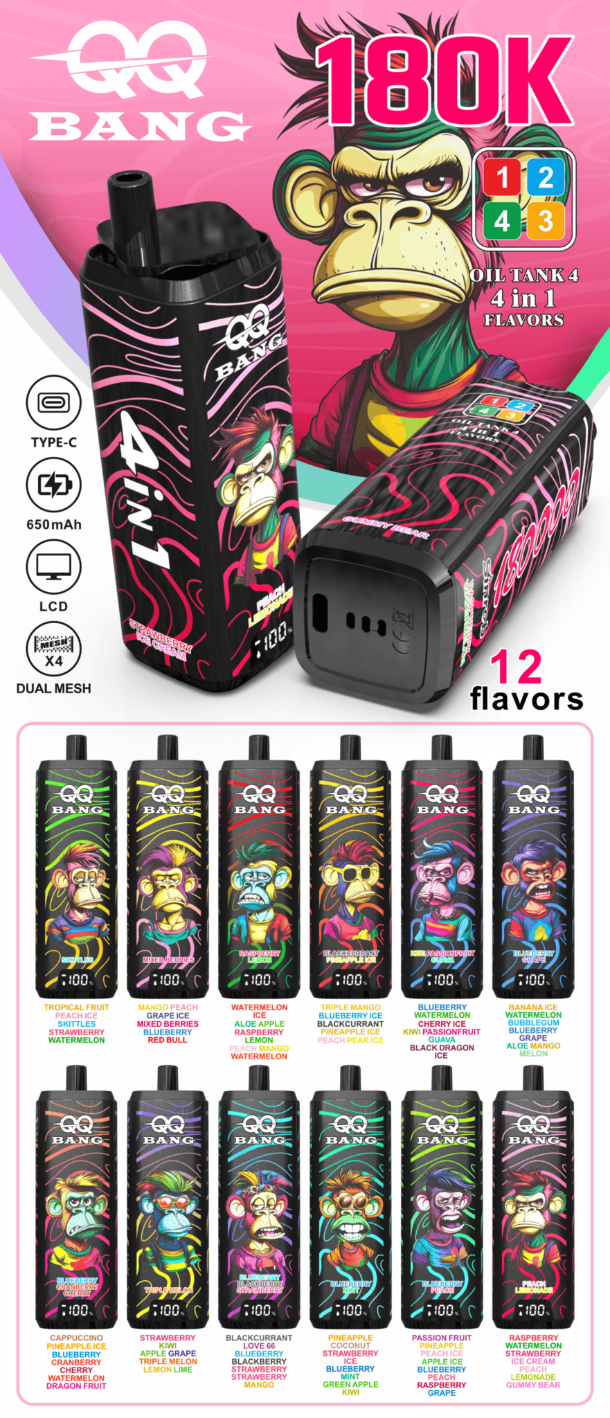 QQ Bang 180k Puffs - 4 in 1 Flavors - Disposable Vape