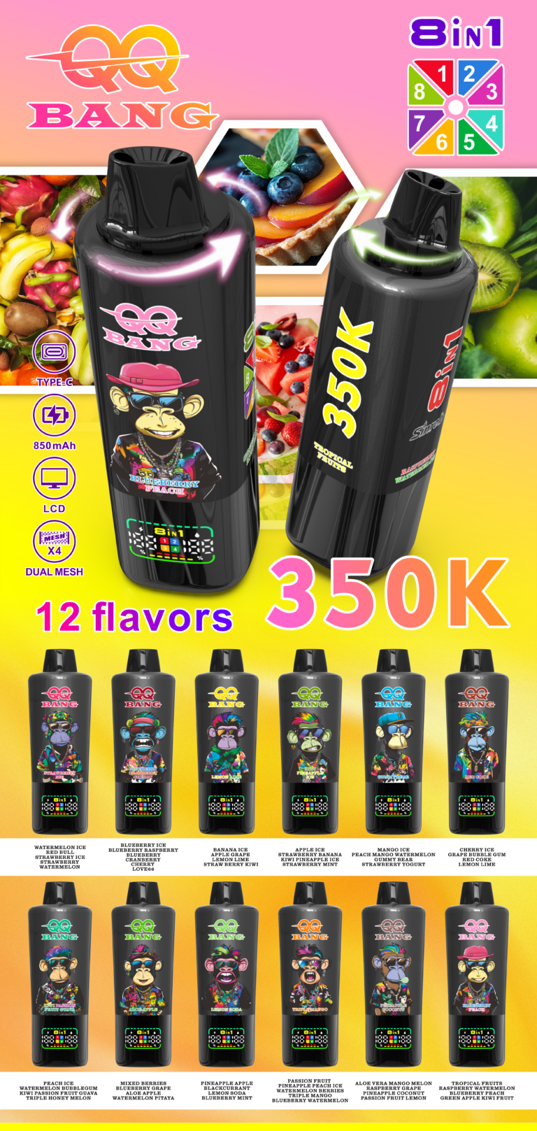 QQ Bang 350k Puffs - 8 in 1 Flavor - Disposable Vape wholesale and shipping