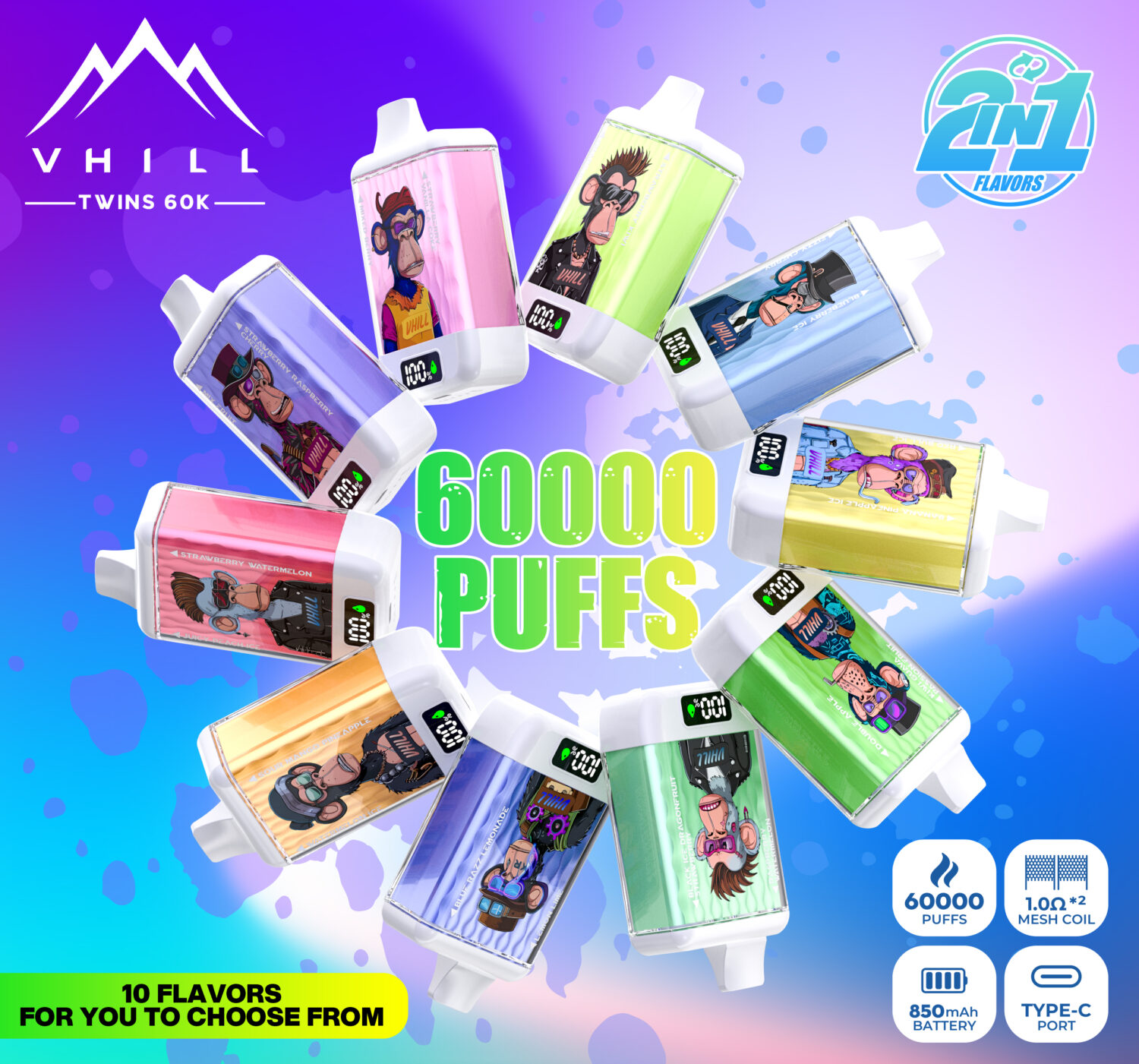 VHill Twins 60K Puffs Switchable Dual Flavors